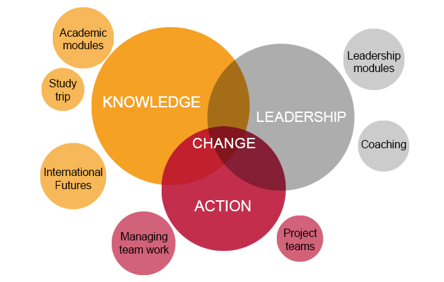 Bubble diagramme: Three large bubbles are shown with the terms "Knowledge", "Leadership" and "Action", which overlap and represent "Change" in the three-bubble combination. There are also two smaller bubbles "Leadership modules" and "Coaching" that belong to the "Leadership" bubble. Two other smaller bubbles "Managing team work" and "Project teams" belong to the "Action" bubble. And three smaller bubbles "Academic modules", "Study trip" and "International futures" belong to the "Knowledge" bubble.