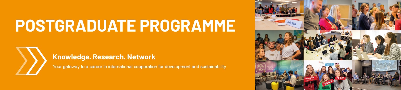 Header image of the postgraduate program. Knowledge, research, network. Your springboard into international cooperation for development and sustainability. The application phase for the 60th anniversary program starts on Monday, January 8, 2024.